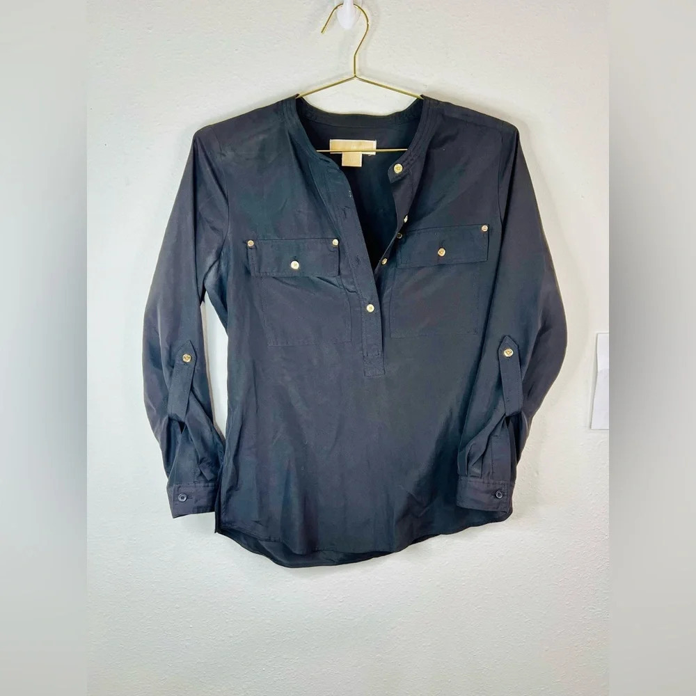 Michael Kors Women's Petite SM Black Utility Blouse Gold Button Long Sleeve Top